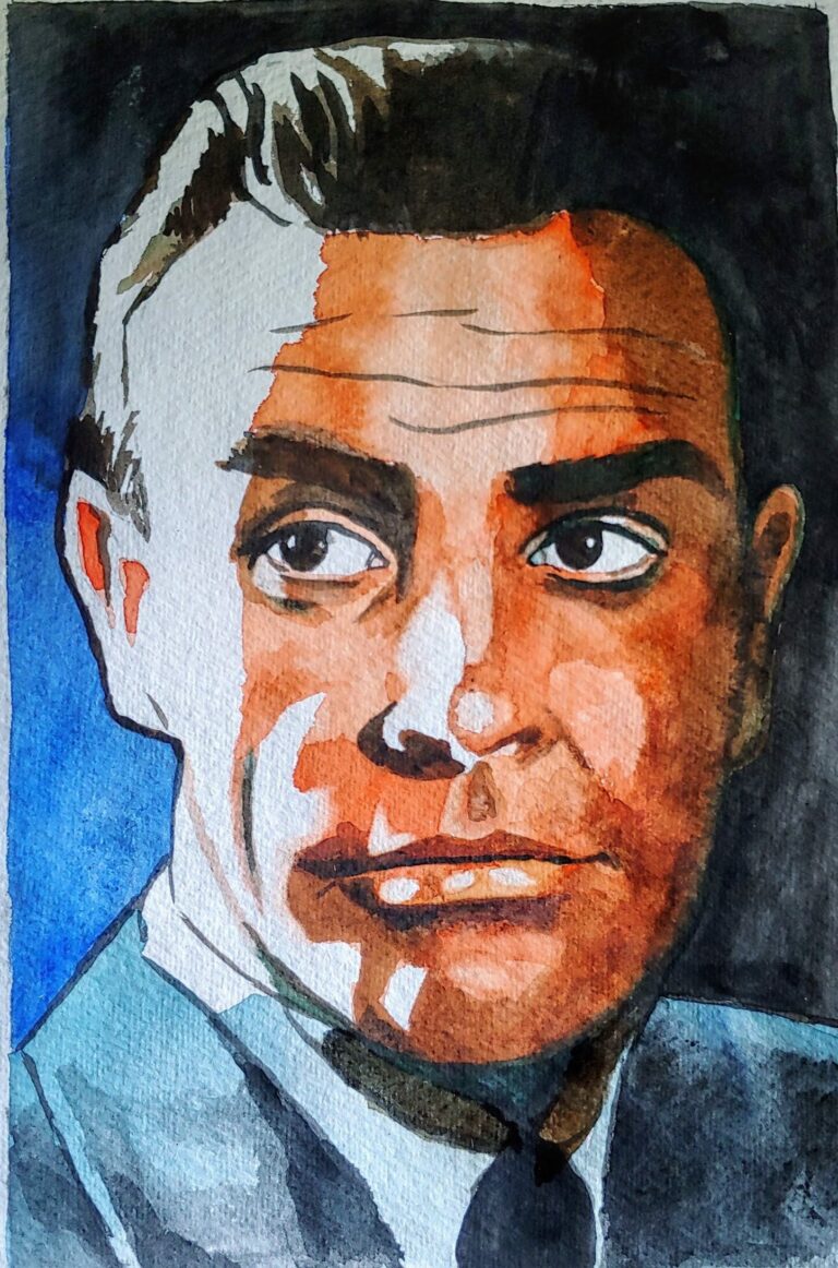 SeanConnery, aquarel on handmade paper, A4 size, 175 euro