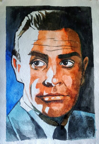 SeanConnery, aquarel on handmade paper, A4 size, 175 euro