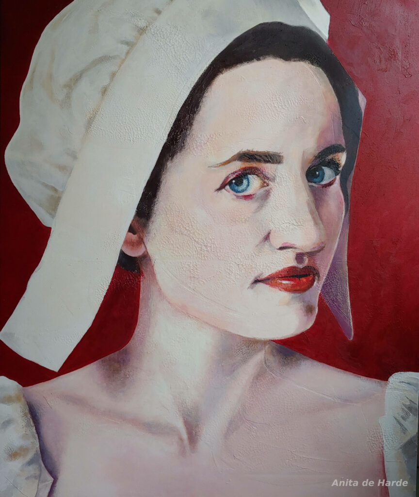 Golden Age Girl, 100x120cm, craquelé en olie op canvas